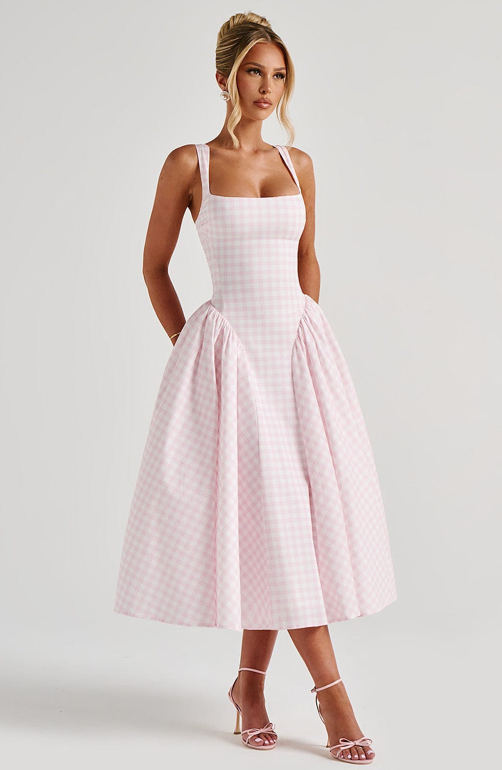 Mirabelle | Women's Gingham Corset Midi Dress Square Neck