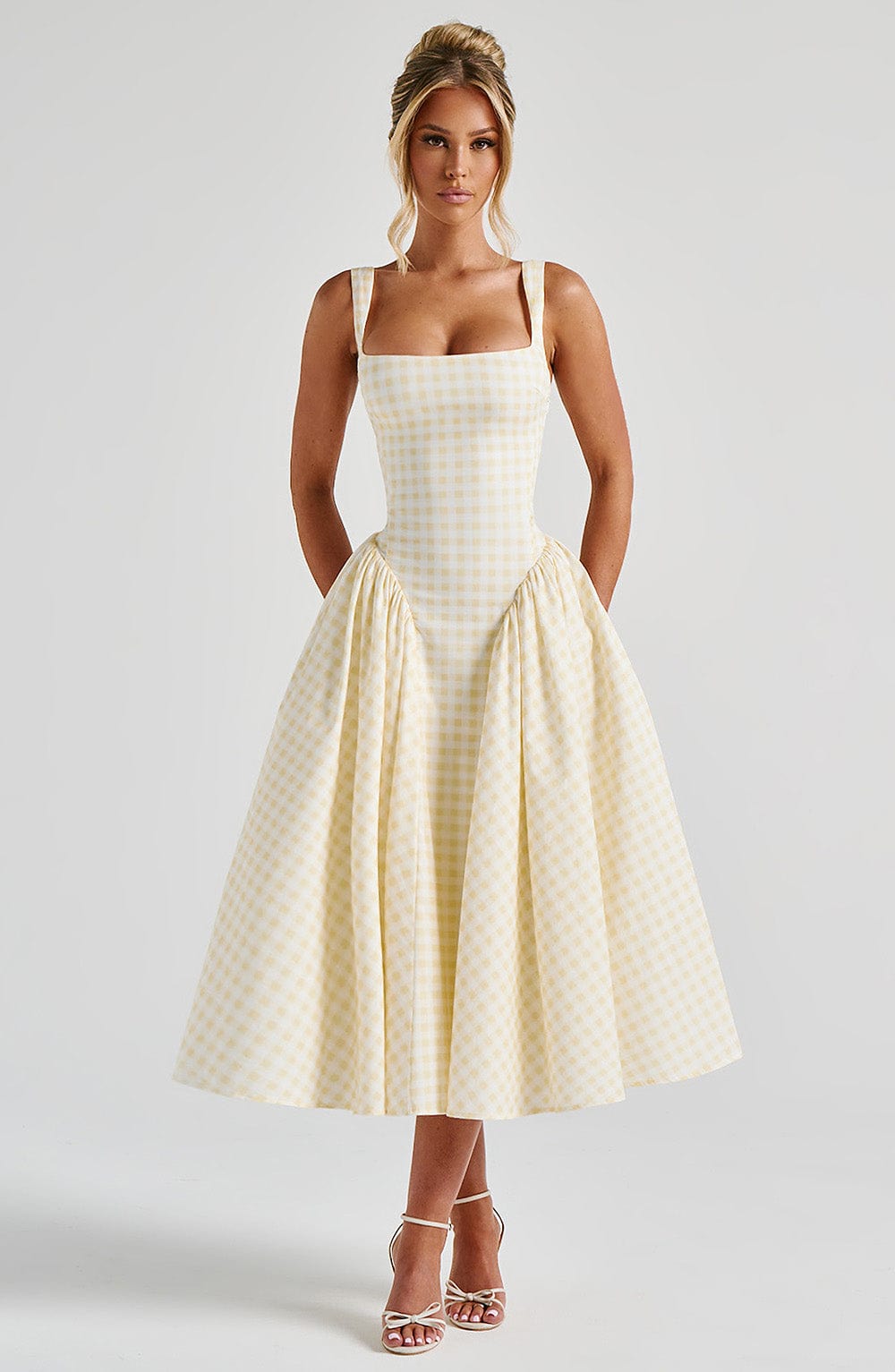 Mirabelle | Women's Gingham Corset Midi Dress Square Neck