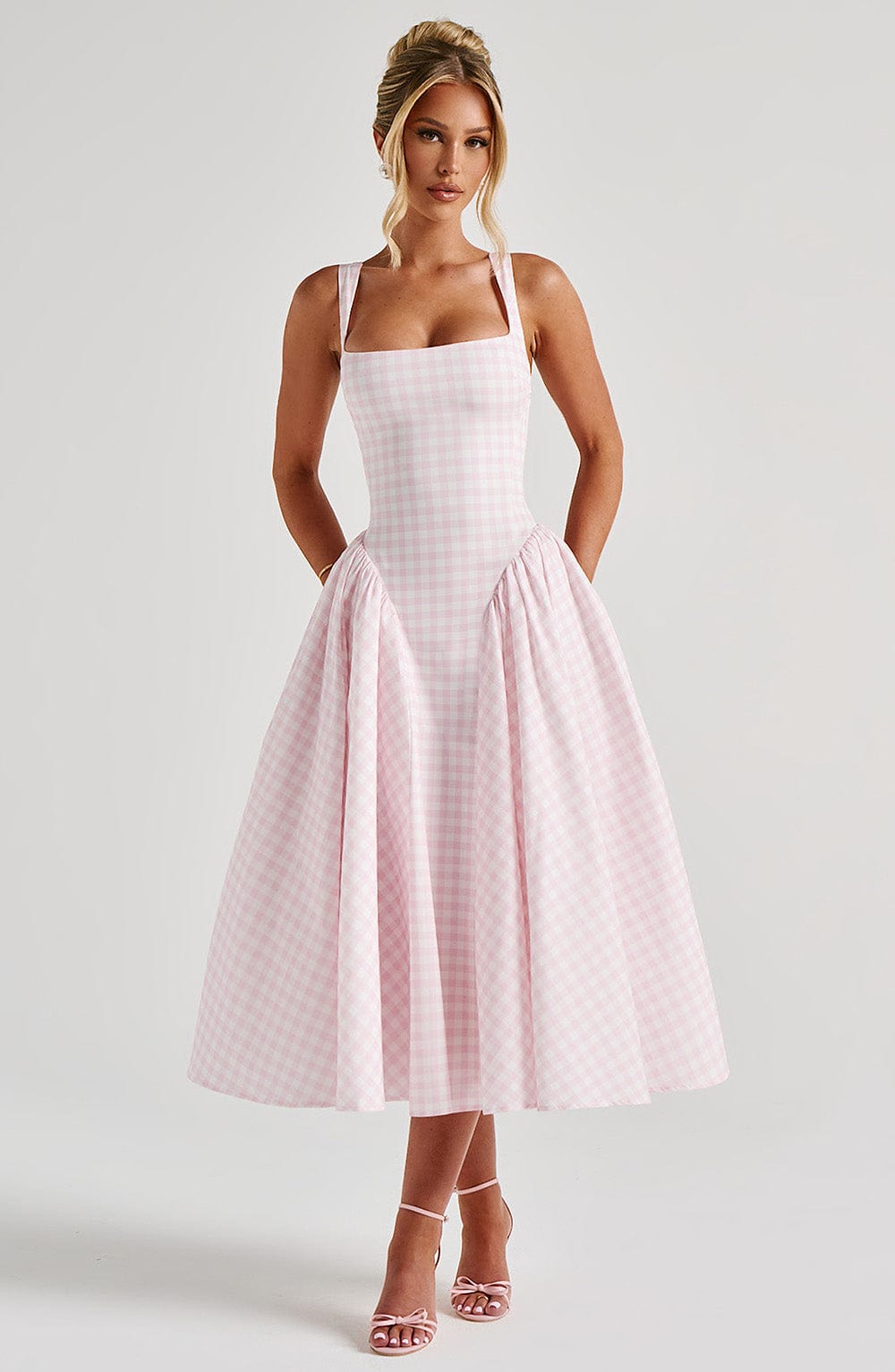 Mirabelle | Women's Gingham Corset Midi Dress Square Neck