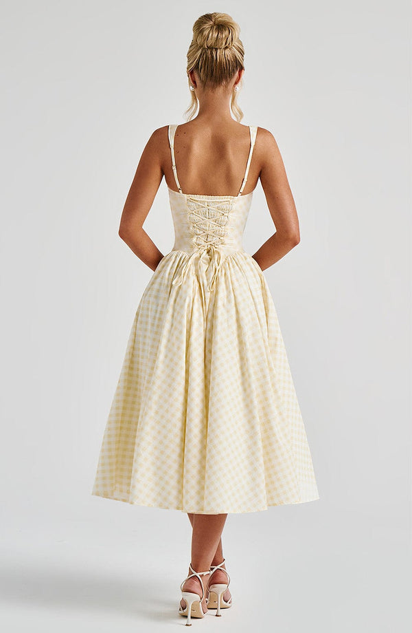 Mirabelle | Women's Gingham Corset Midi Dress Square Neck