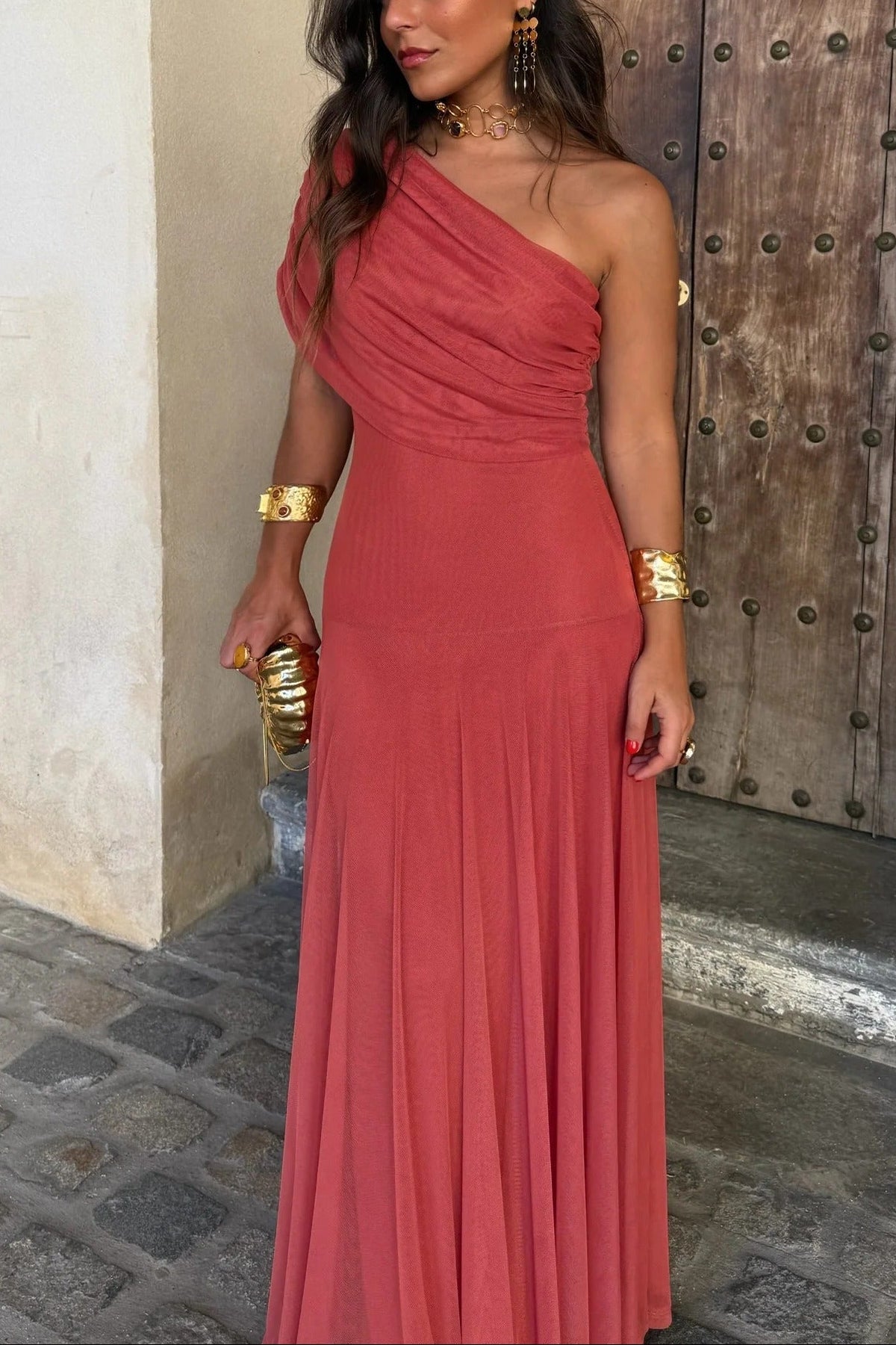 Berenice | Ruched One-Shoulder Mesh Maxi Summer Dress