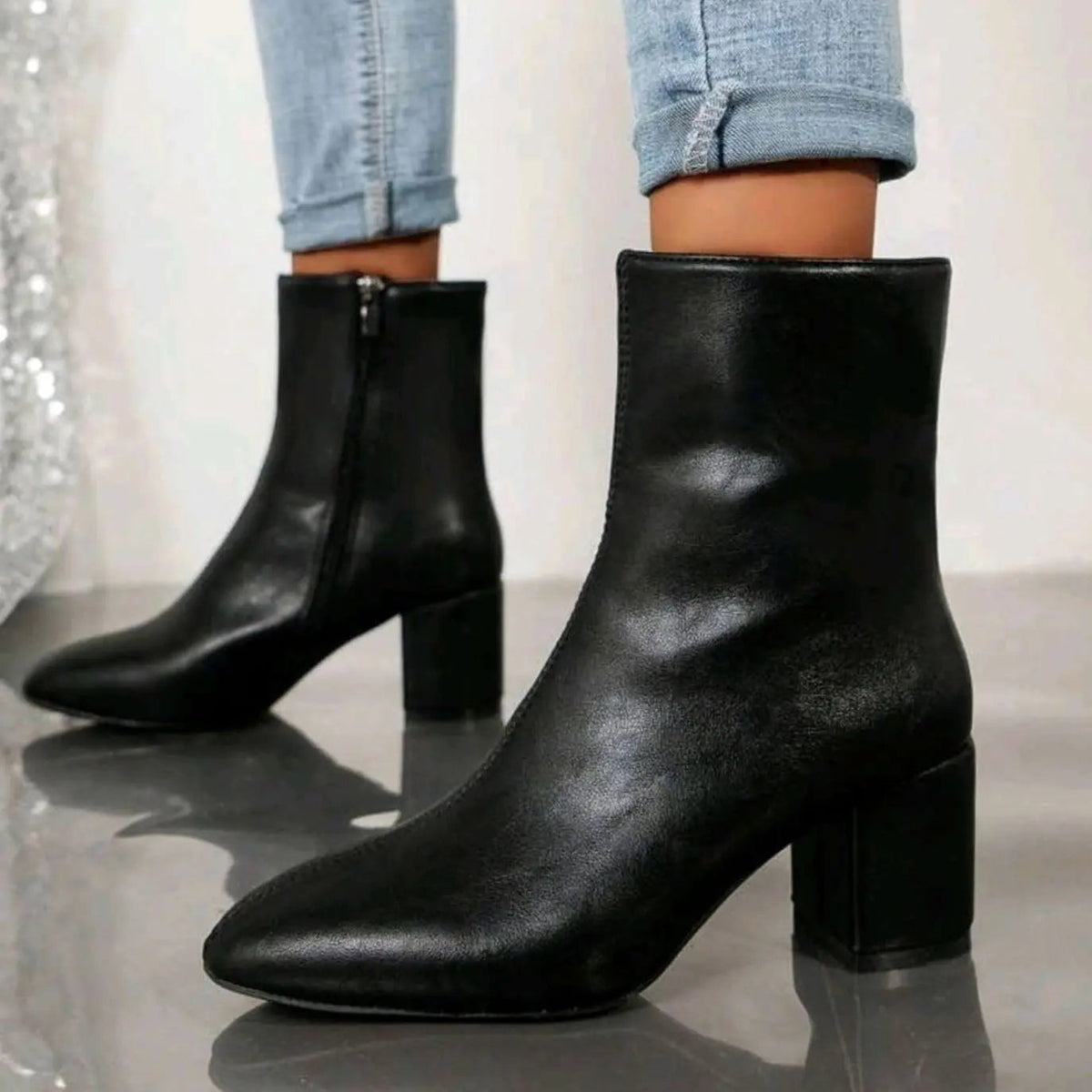 Lavinia | Chunky Block Heel Black Leather Ankle Boots Low Heeled — Black