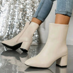 Lavinia | Chunky Block Heel Black Leather Ankle Boots Low Heeled — Beige