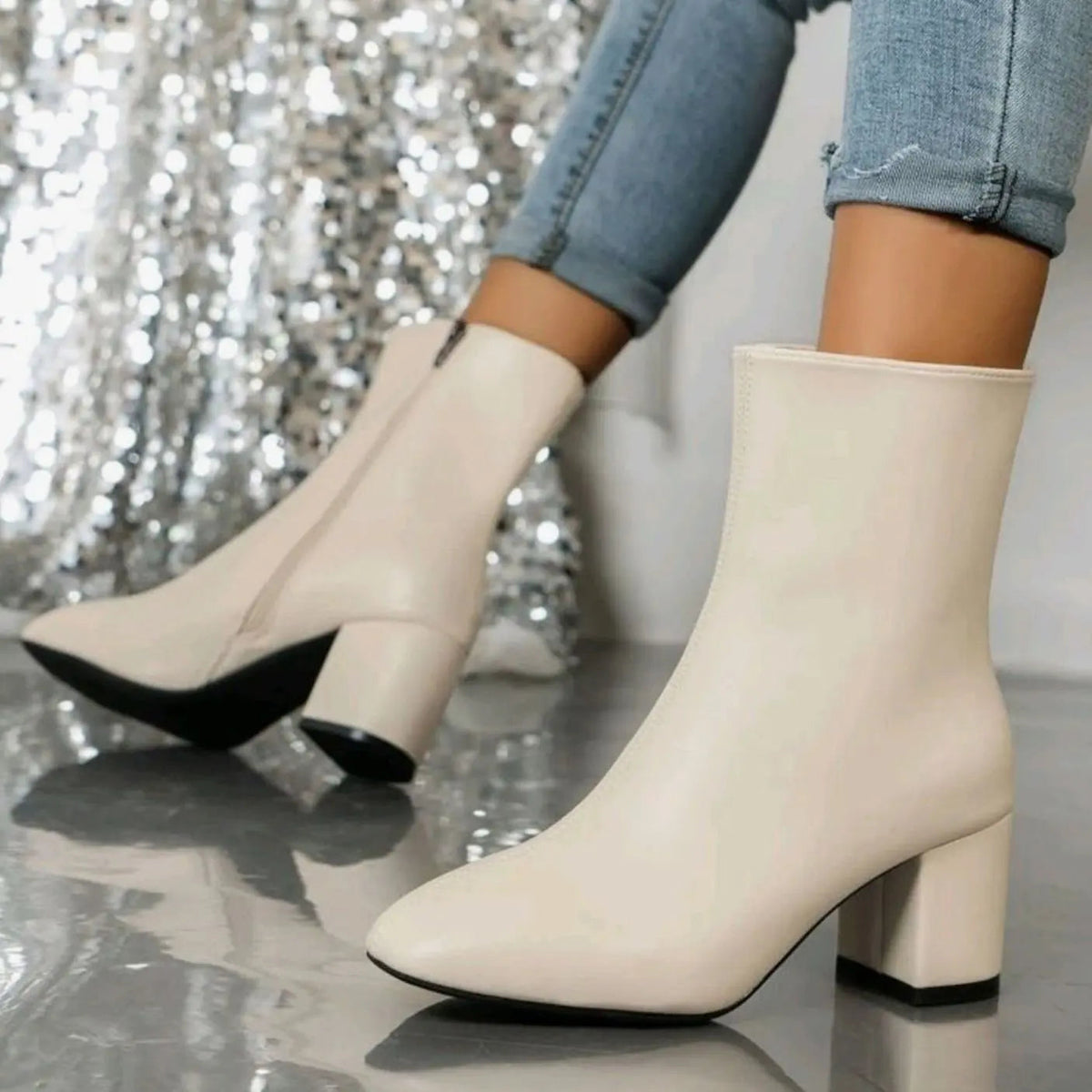 Lavinia | Chunky Block Heel Black Leather Ankle Boots Low Heeled — Beige