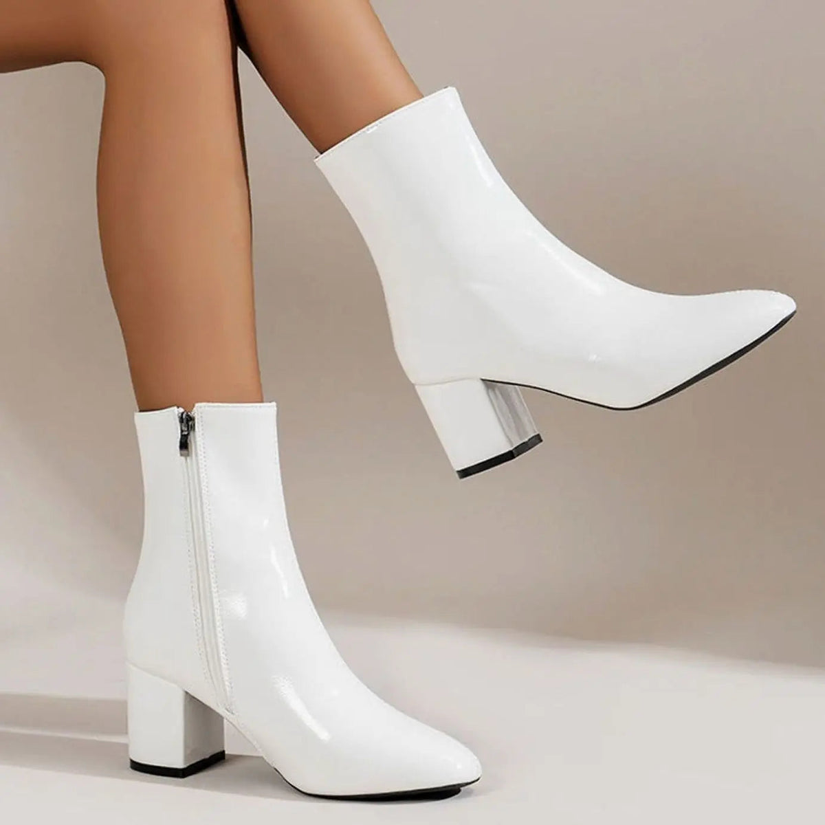 Lavinia | Chunky Block Heel Black Leather Ankle Boots Low Heeled — White