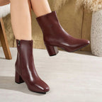 Lavinia | Chunky Block Heel Black Leather Ankle Boots Low Heeled — Wine Red