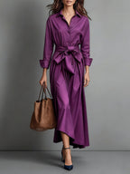 Georgiana | Wedding Guest Dresses With Sleeves Shirt Collar Midi — Purple