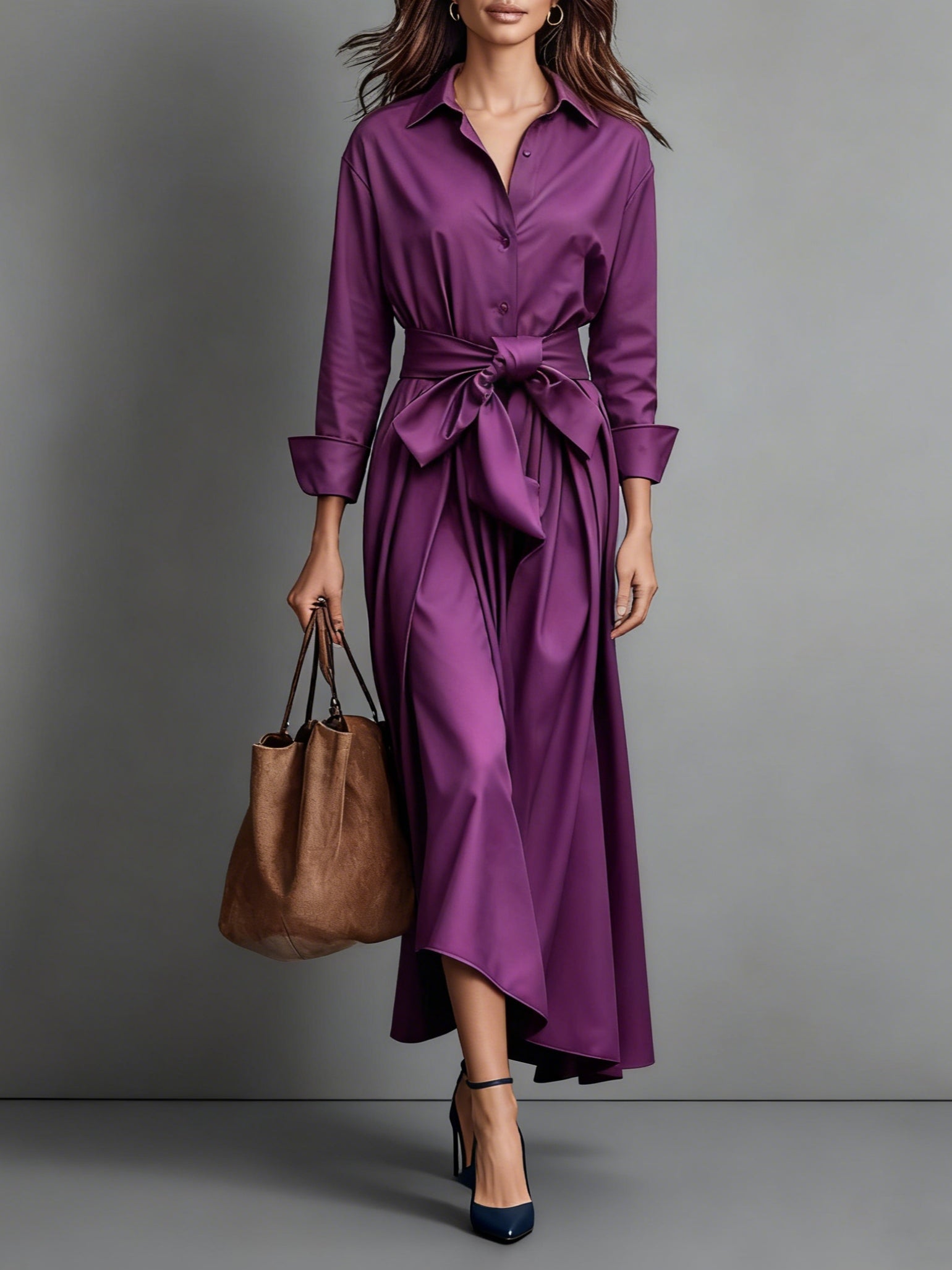 Georgiana | Wedding Guest Dresses With Sleeves Shirt Collar Midi — Purple