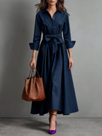 Georgiana | Wedding Guest Dresses With Sleeves Shirt Collar Midi — Navy
