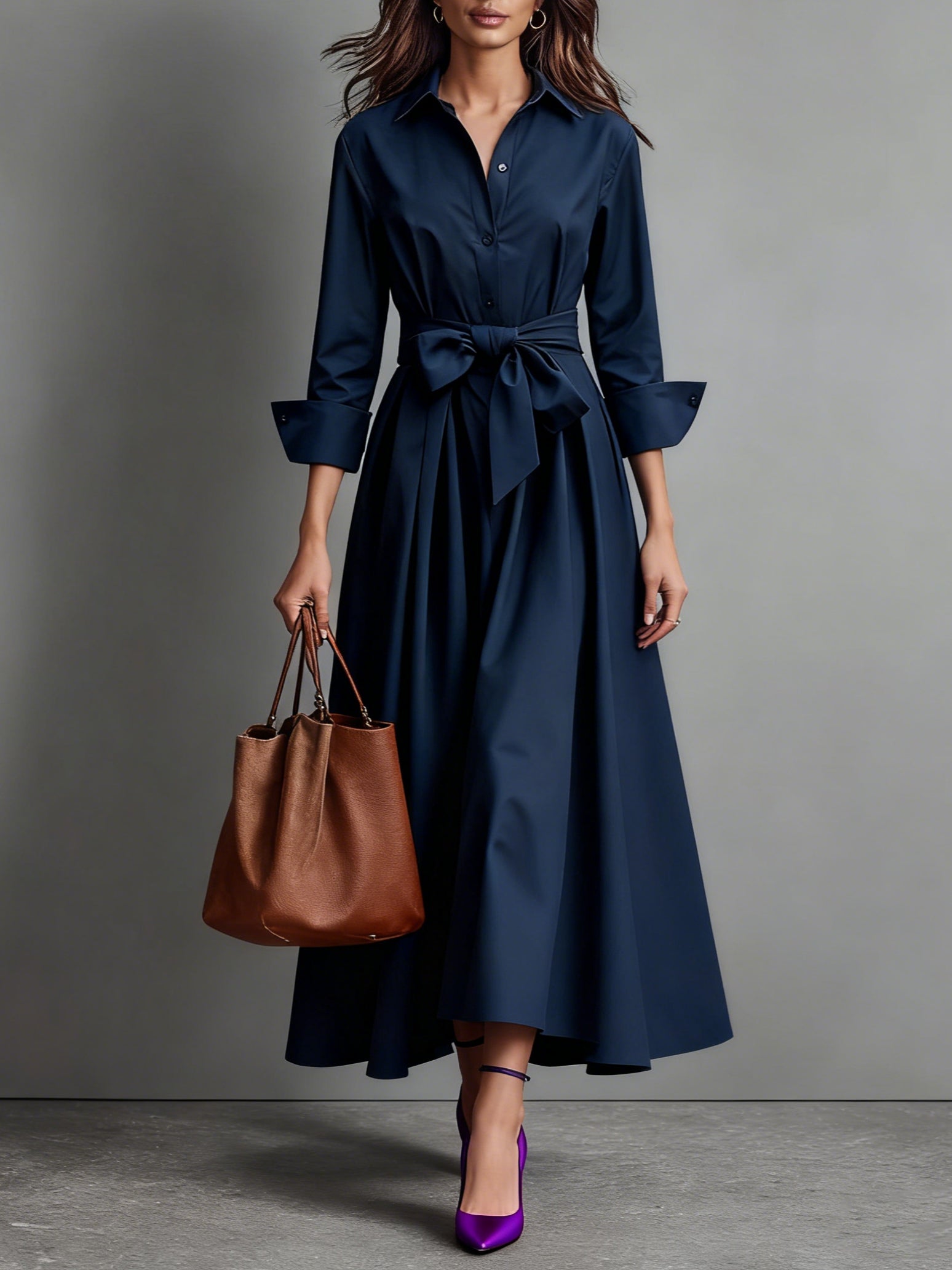 Georgiana | Wedding Guest Dresses With Sleeves Shirt Collar Midi — Navy