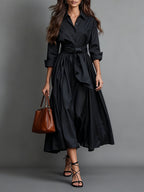 Georgiana | Wedding Guest Dresses With Sleeves Shirt Collar Midi — Black