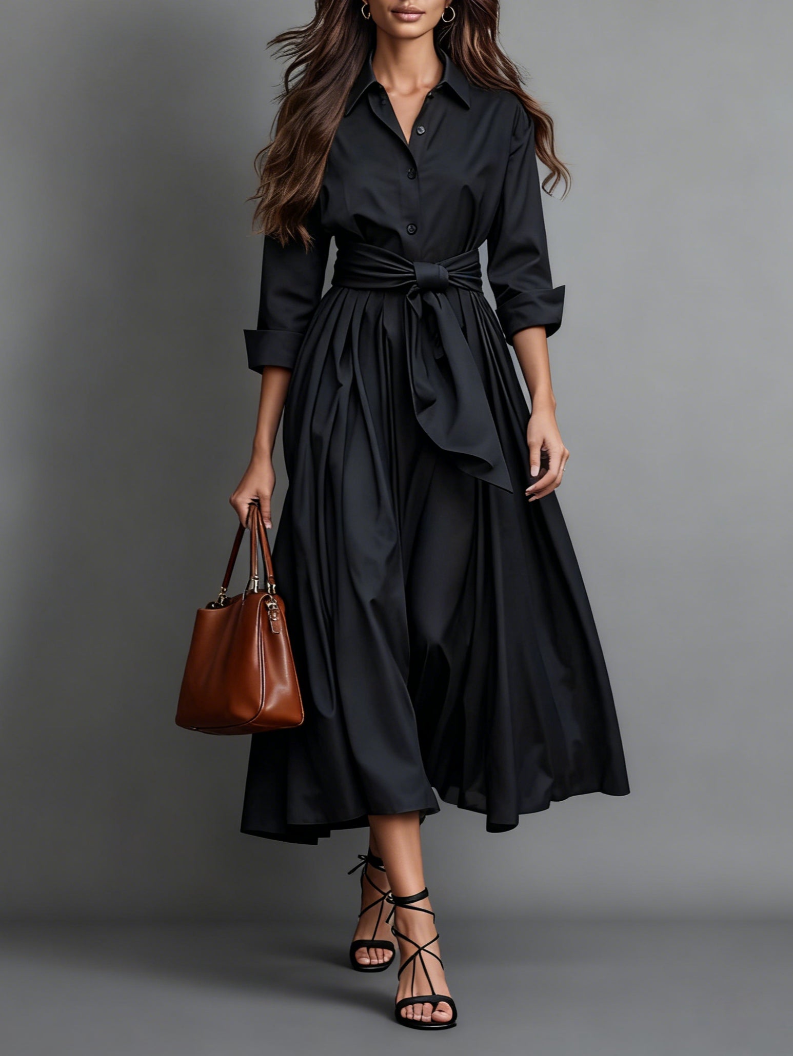 Georgiana | Wedding Guest Dresses With Sleeves Shirt Collar Midi — Black