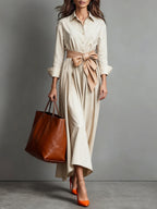 Georgiana | Wedding Guest Dresses With Sleeves Shirt Collar Midi — Beige