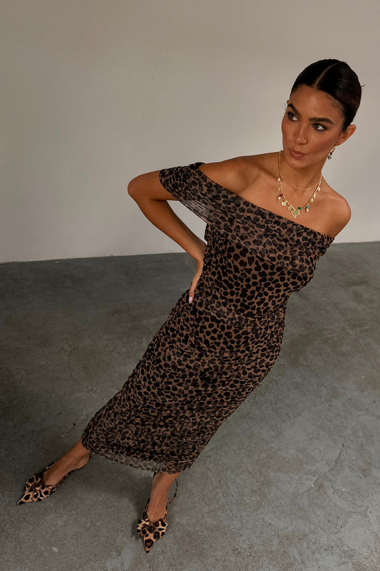 Liliana | Leopard Print Mesh Ruched Bodycon Dress With Slip