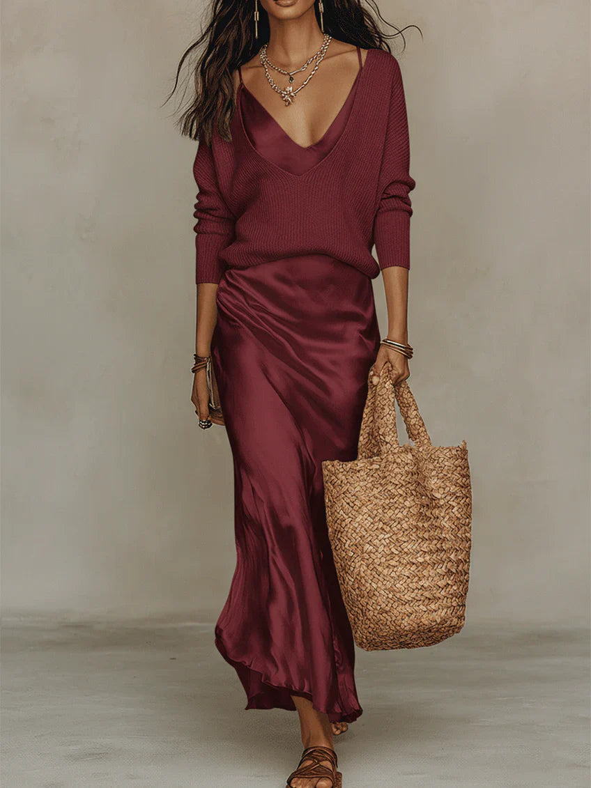 Cosima | Satin Midi Dress Set With Coordinating Knit Layer