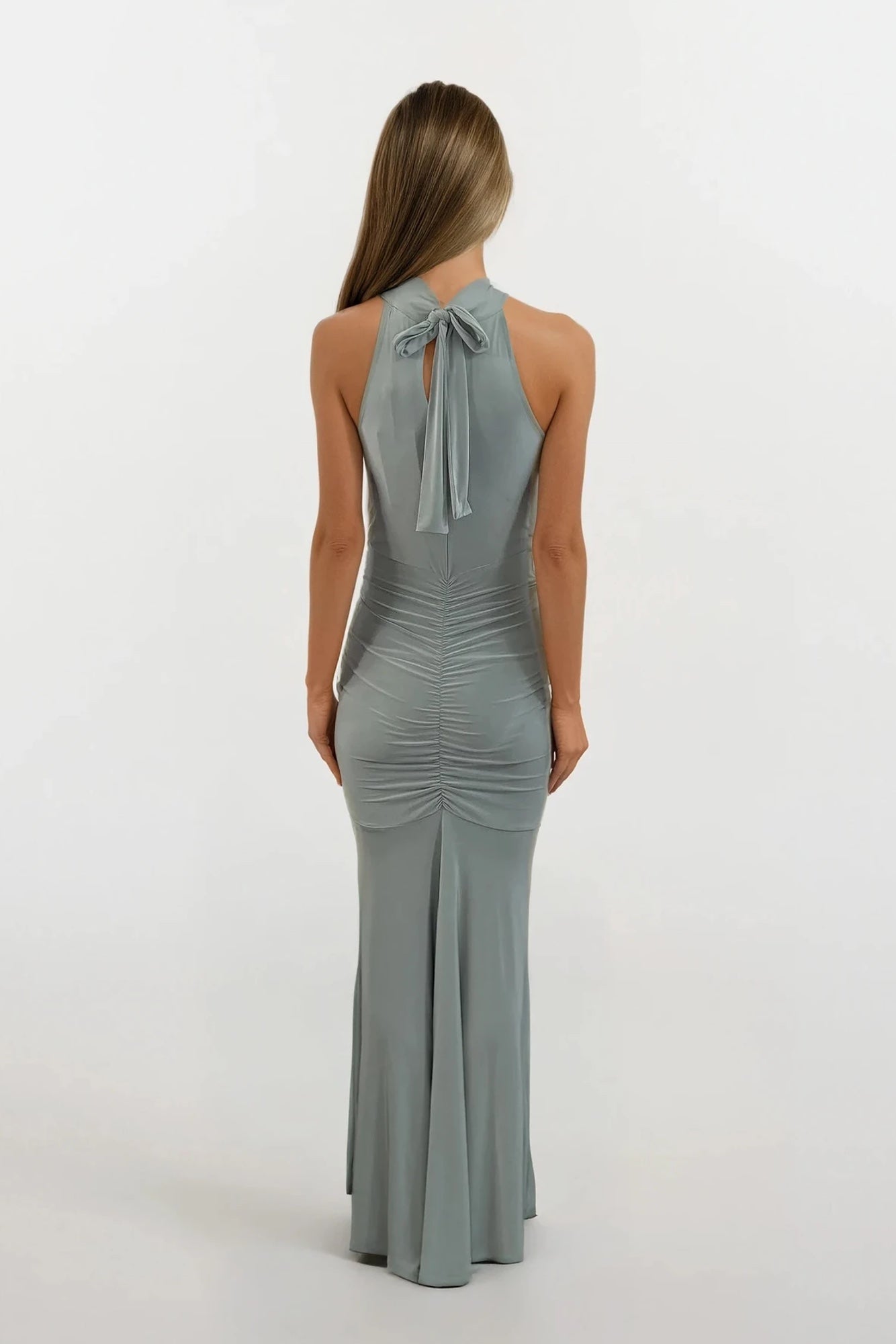 Giselle | Sage Green Ruched Halterneck Bridesmaids Maxi Dress