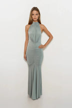Giselle | Sage Green Ruched Halterneck Bridesmaids Maxi Dress