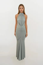Giselle | Sage Green Ruched Halterneck Bridesmaids Maxi Dress