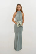 Giselle | Sage Green Ruched Halterneck Bridesmaids Maxi Dress