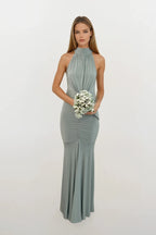 Giselle | Sage Green Ruched Halterneck Bridesmaids Maxi Dress