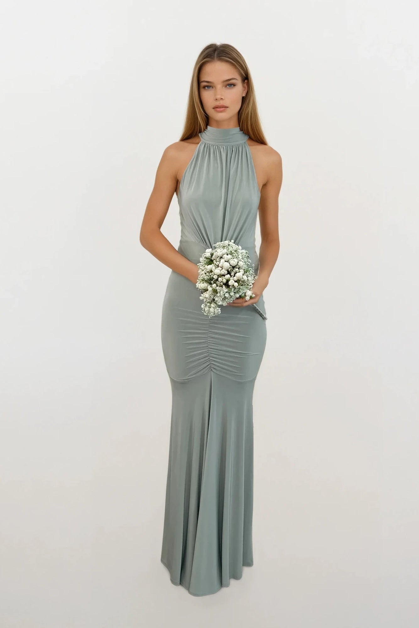 Giselle | Sage Green Ruched Halterneck Bridesmaids Maxi Dress