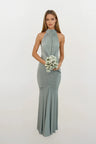 Giselle | Sage Green Ruched Halterneck Bridesmaids Maxi Dress