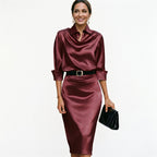 Iliana | Draped Satin Midi Wedding Guest Dresses