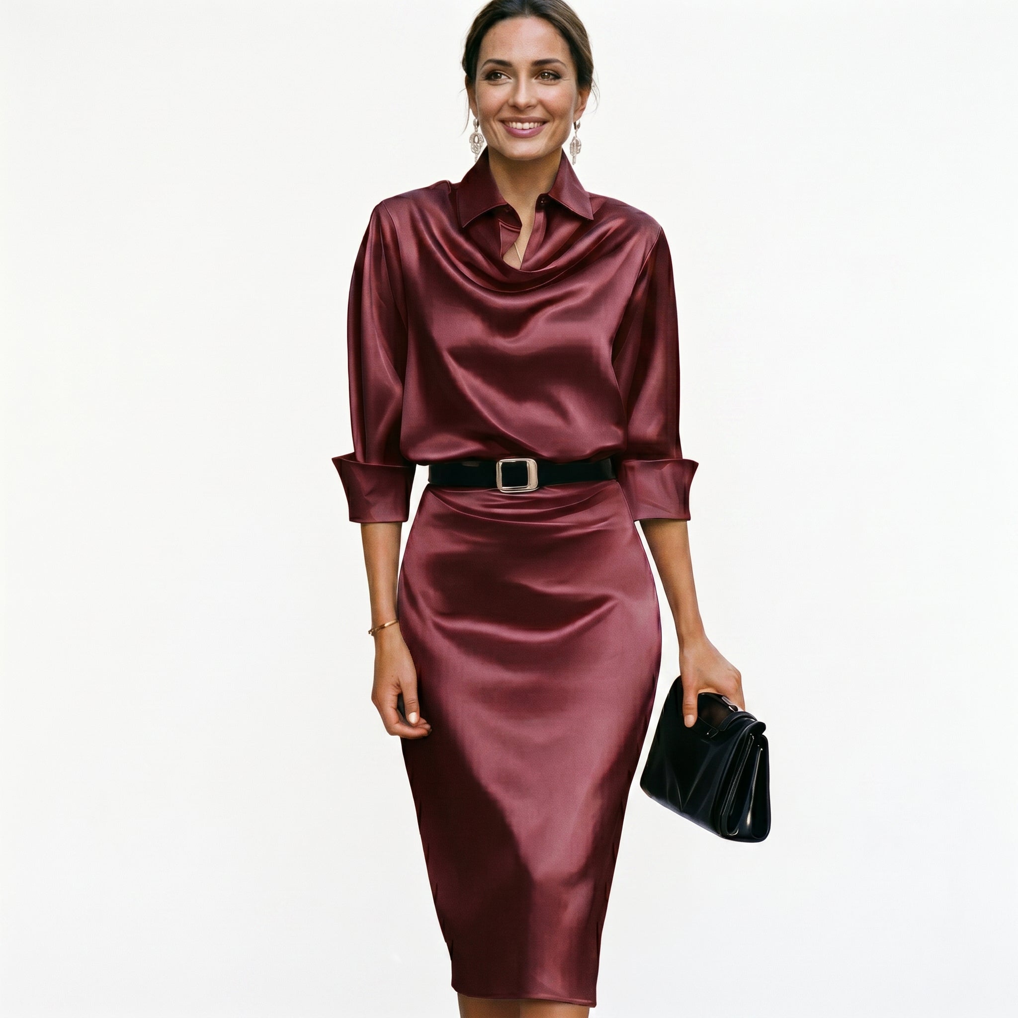 Iliana | Draped Satin Midi Wedding Guest Dresses