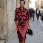 Iliana | Draped Satin Midi Wedding Guest Dresses