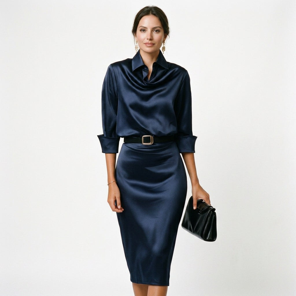 Iliana | Draped Satin Midi Wedding Guest Dresses