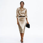 Iliana | Draped Satin Midi Wedding Guest Dresses