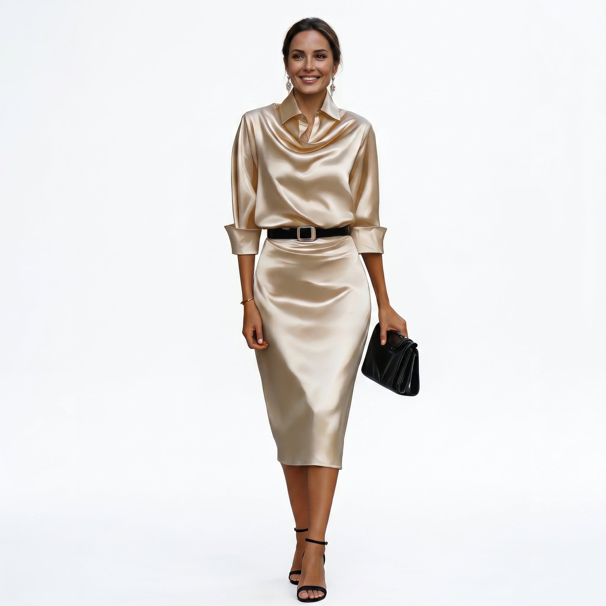 Iliana | Draped Satin Midi Wedding Guest Dresses
