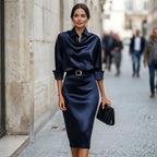 Iliana | Draped Satin Midi Wedding Guest Dresses