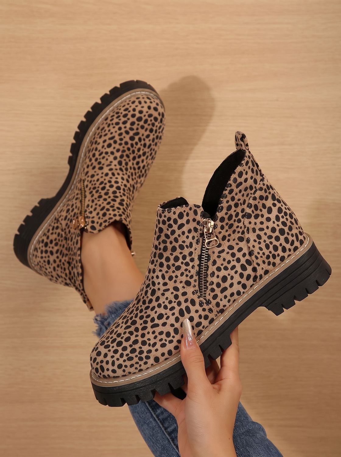 Yolanda | Leopard Print Black Leather Low Heel Chunky Ankle Boots