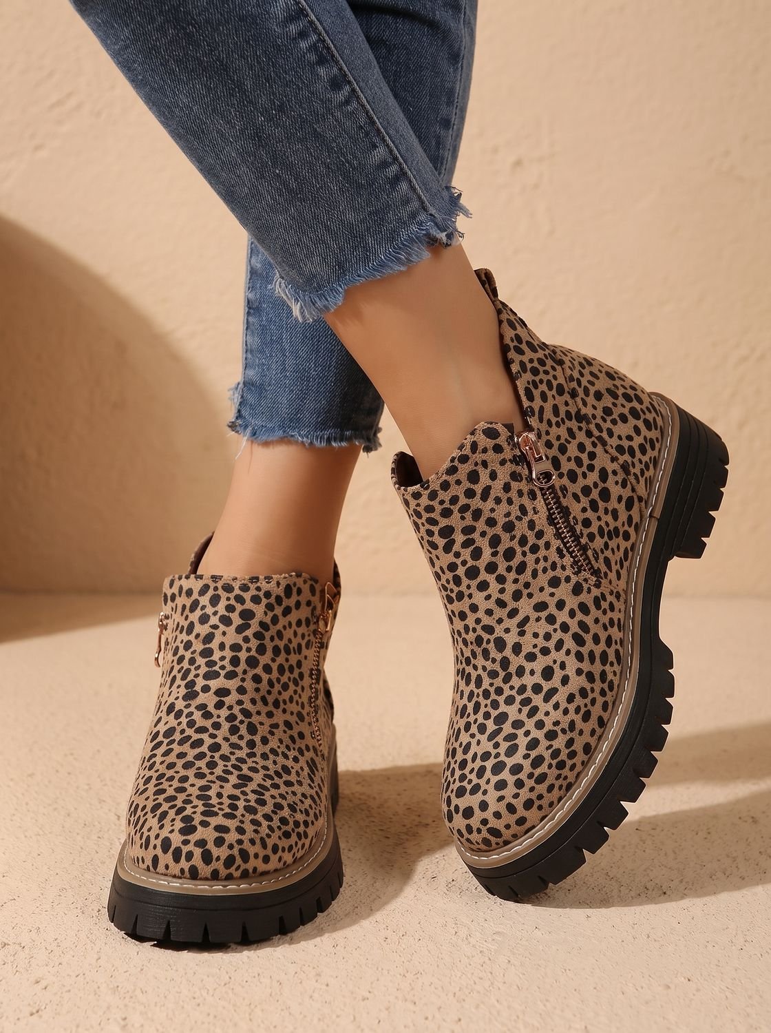 Yolanda | Leopard Print Black Leather Low Heel Chunky Ankle Boots — Beige