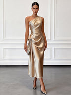 Eulalie | Satin One Shoulder Ruched Midi Wedding Guest Dress