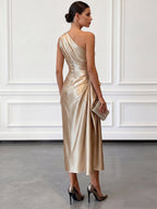 Eulalie | Satin One Shoulder Ruched Midi Wedding Guest Dress