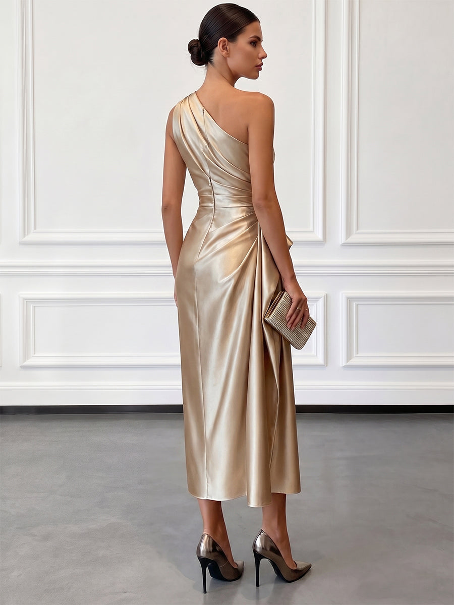 Eulalie | Satin One Shoulder Ruched Midi Wedding Guest Dress
