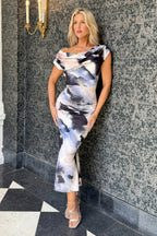 Maelys | Abstract Cowl Neck Evening Midi Dress