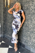 Maelys | Abstract Cowl Neck Evening Midi Dress