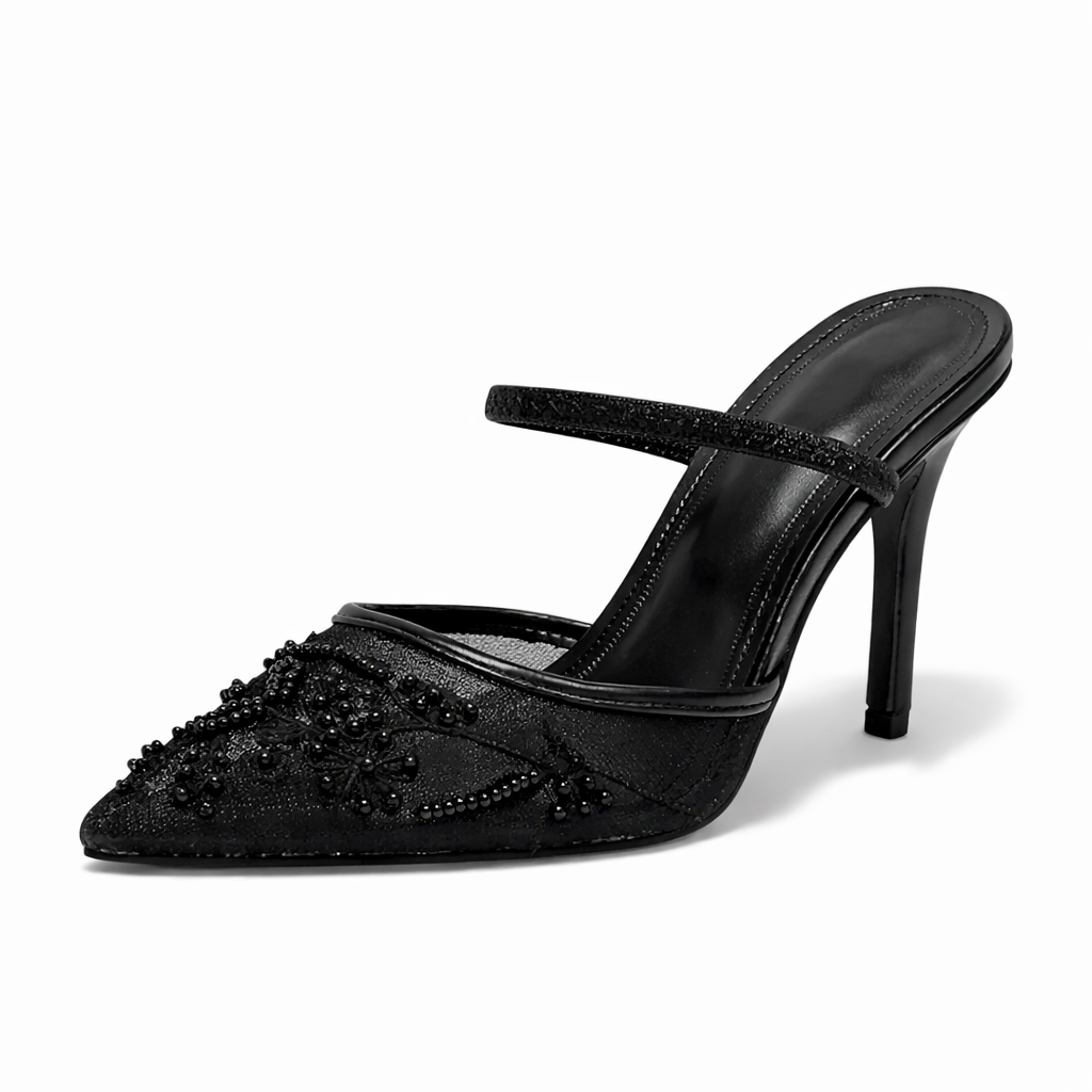 Arabella | Embroidered Mesh Mule Heels Pointed Toe Wedding Guest