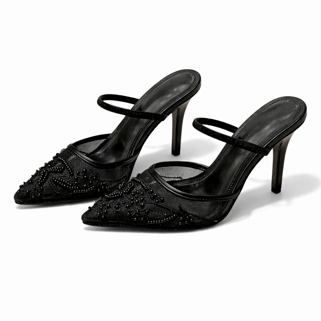 Arabella | Embroidered Mesh Mule Heels Pointed Toe Wedding Guest