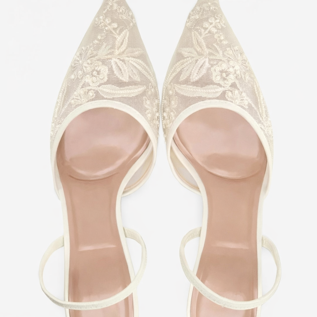 Arabella | Embroidered Mesh Mule Heels Pointed Toe Wedding Guest