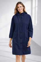 Lavinia | Longline Hooded Wool Winter Coat Black Fur Puffer — Navy