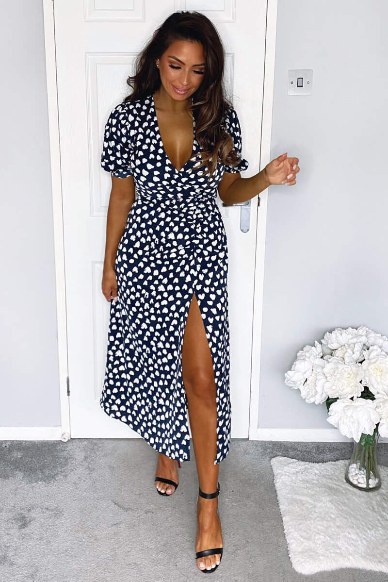 Felicity | V-Neck Heart Print Split Midi Dress