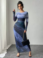 Cosima | Comfy Printed Bodycon Long Sleeve Round Neck Maxi Dress