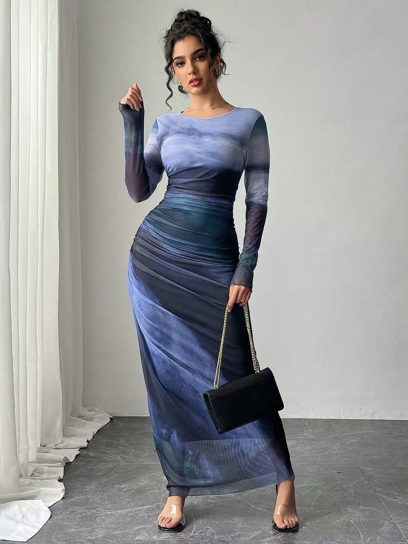Cosima | Comfy Printed Bodycon Long Sleeve Round Neck Maxi Dress