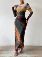 Cosima | Comfy Printed Bodycon Long Sleeve Round Neck Maxi Dress
