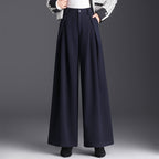 Rosaline | Camel High Waisted Pleated Wide Leg Tailored Satin Trousers — Navy Blue