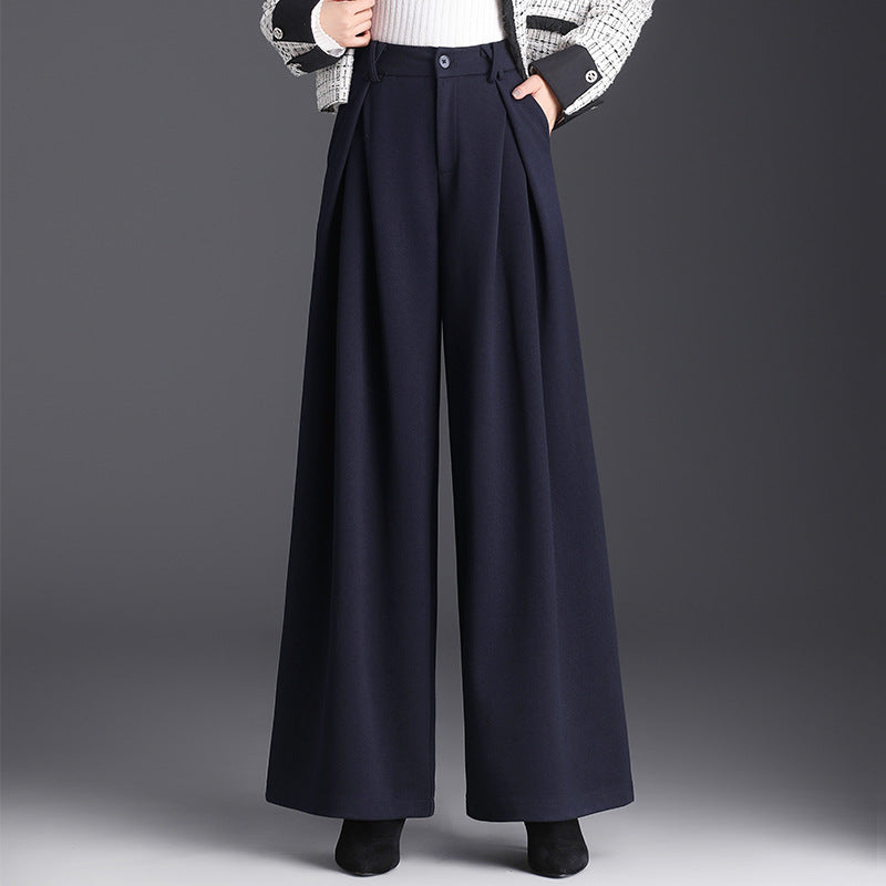 Rosaline | Camel High Waisted Pleated Wide Leg Tailored Satin Trousers — Navy Blue